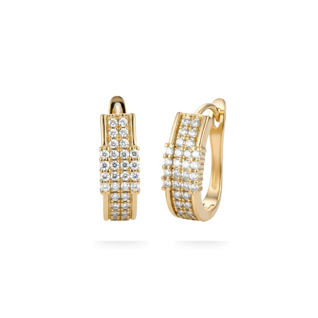 18K Gold Filled Reversible Triple-Row Pavé CZ Huggie Earrings – 18mm 2-in-1 Oval Hoop Earrings for Women